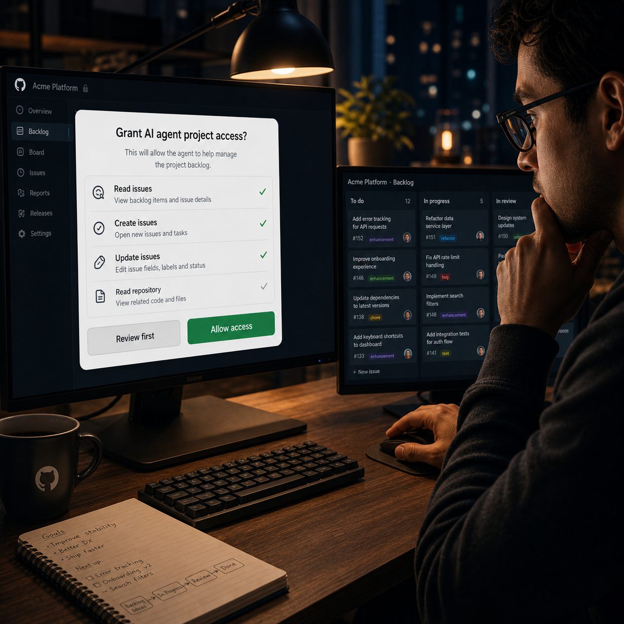 Ontwikkelaar bekijkt een 'Grant AI agent project access?'-dialoog naast een GitHub-backlog