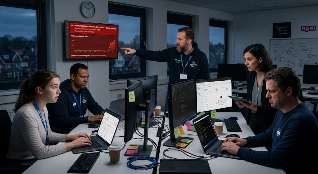 Team reageert op een kritieke CVE-melding op een rood alert-scherm