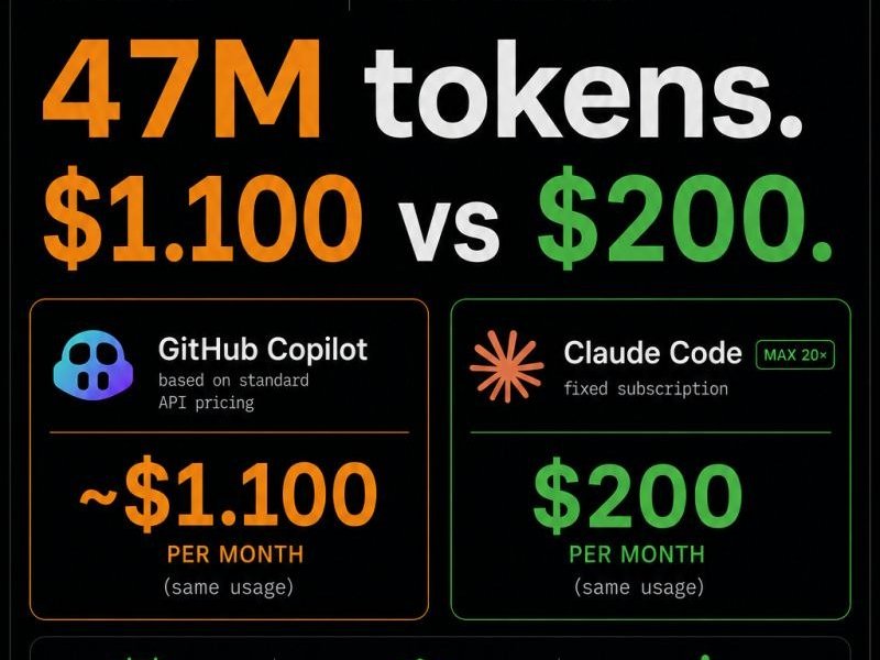 Kostenvergelijking: 47 miljoen tokens kost ~$1.100 bij GitHub Copilot tegenover $200 bij een vaste Claude Code-sub