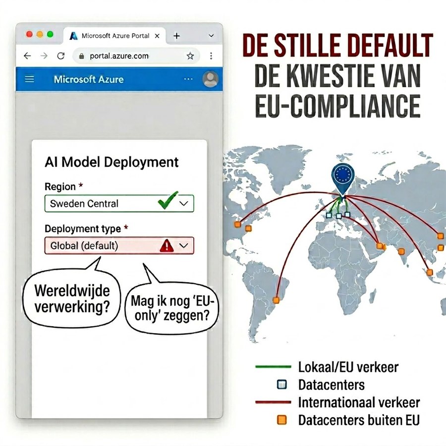 Azure-portal: regio Sweden Central gekozen, maar deployment-type 'Global (default)' stuurt verkeer naar datacenters buiten de EU